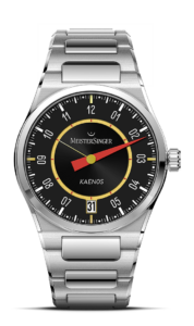 MeisterSingerとAlain SilbersteinのコラボによるKaenos Grand Date限定モデル、ED-KSGD-AS2025の製品画像。ラージデイトと大きな赤い針が特徴。